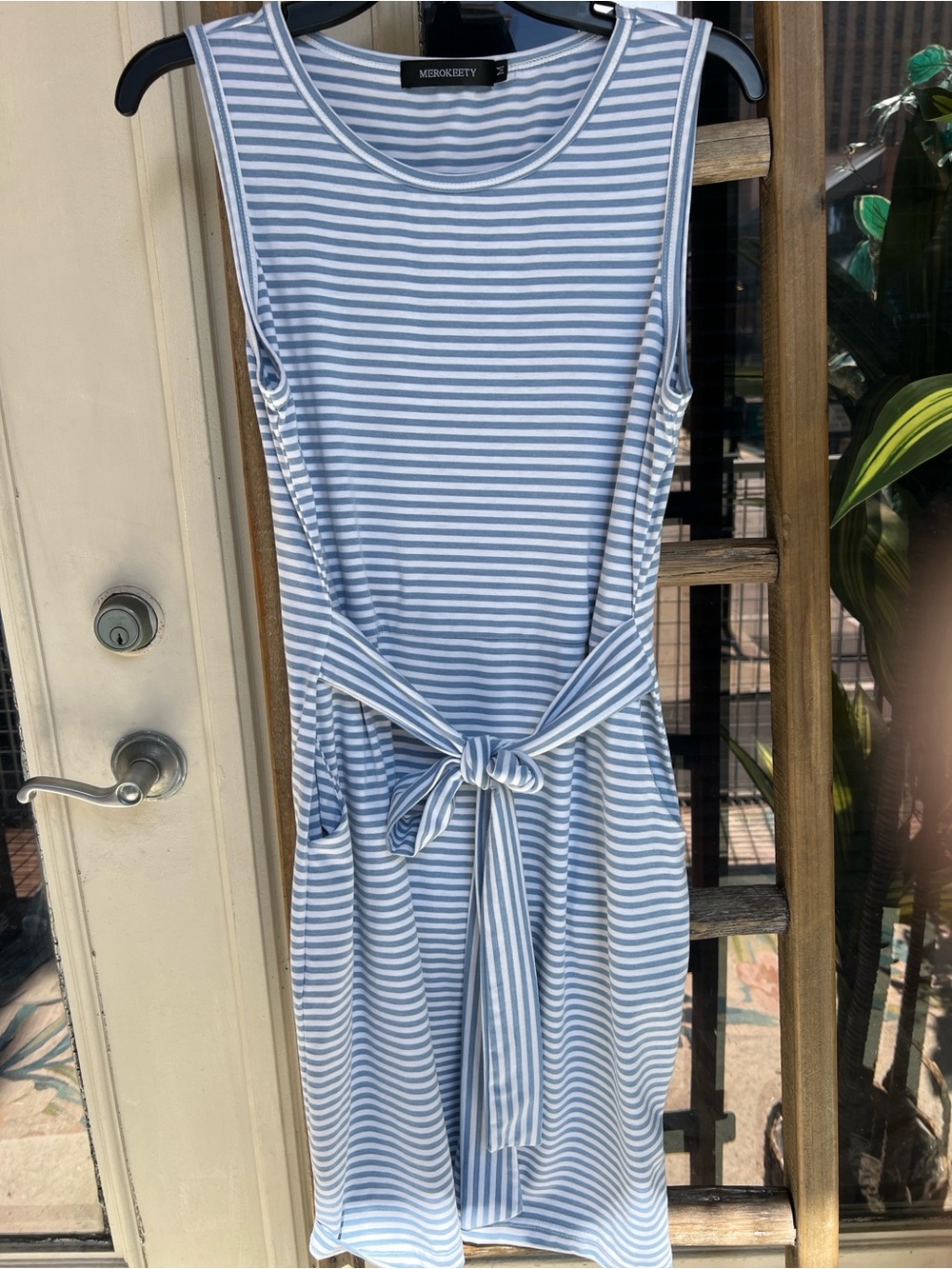 MEROKEETY Light Blue & White Striped Tie-Waist Sleeveless Tee Dress